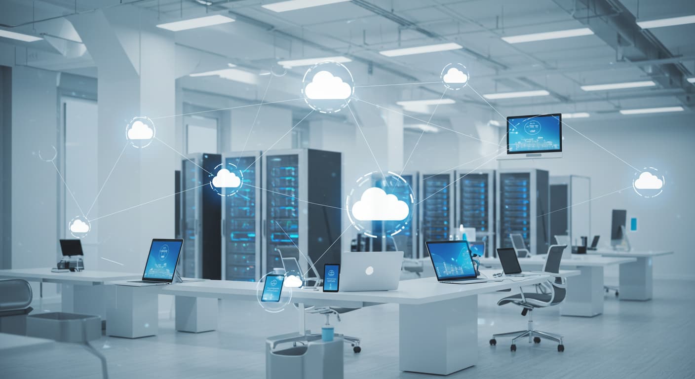 ala con varios ordenadores y tabletas conectados a internet, mostrando conectividad en la nube.