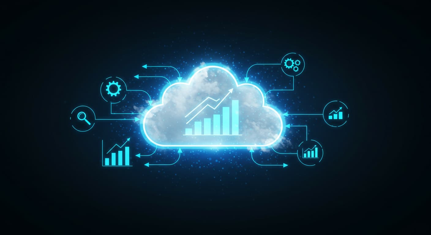 Concepto de computación en la nube con datos y gráficos que ilustran la conectividad en la nube.