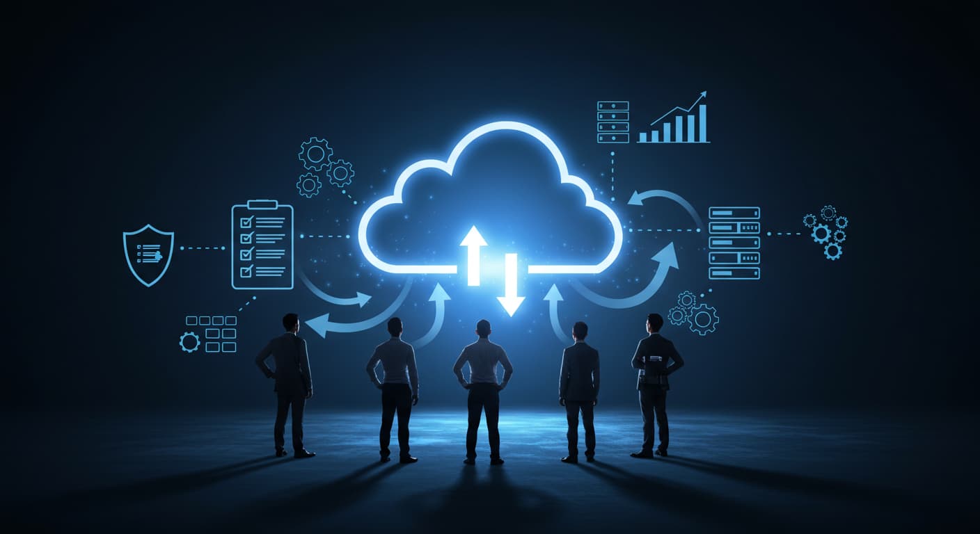 Personas de negocios frente a un ícono de computación en la nube, simbolizando la conectividad en la nube.