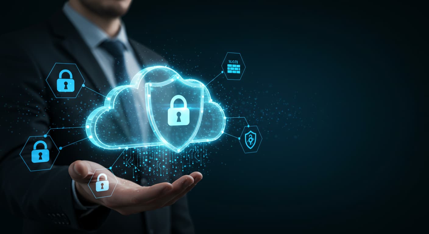 Empresario sosteniendo una nube con íconos de candado, simbolizando la conectividad en la nube y la seguridad de datos.