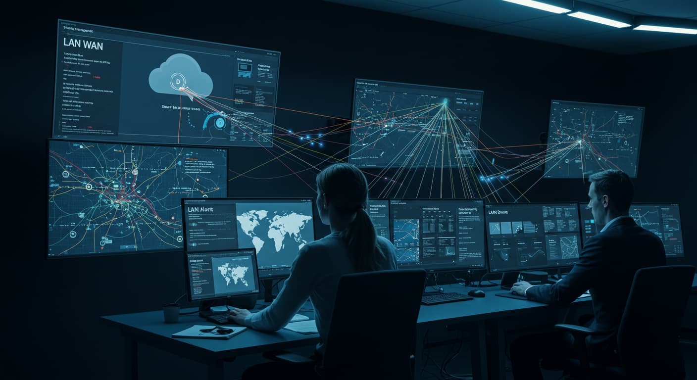 Dos personas trabajando en computadoras en una habitación oscura, enfocadas en el monitoreo de LAN y WAN.