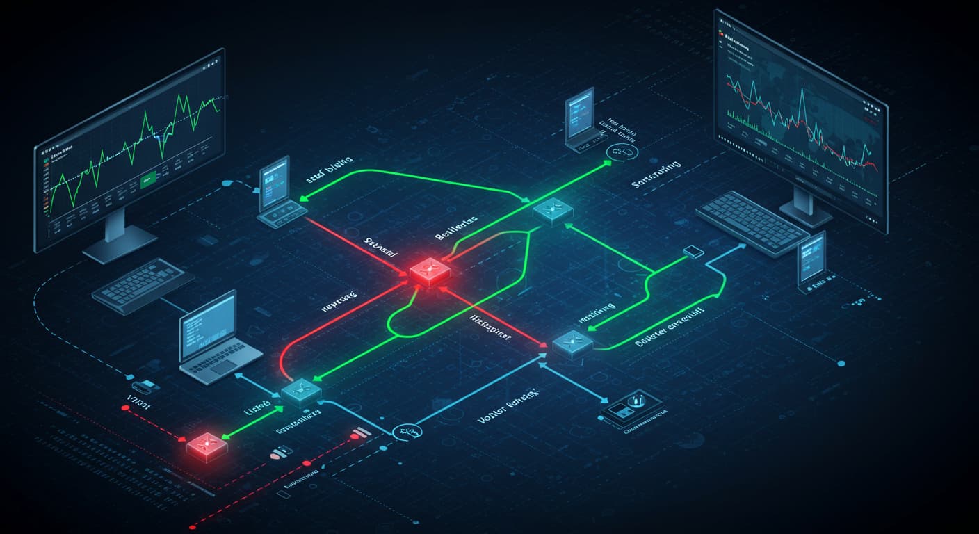 Ilustración de una pantalla de computadora con luz roja, relacionada con el monitoreo LAN y WAN.
