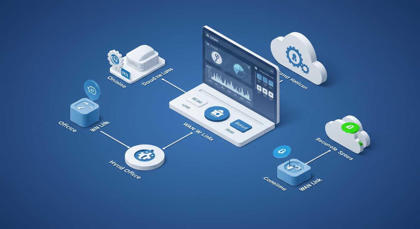 Un ordenador conectado a varios dispositivos, mostrando la monitorización de LAN y WAN en la pantalla.