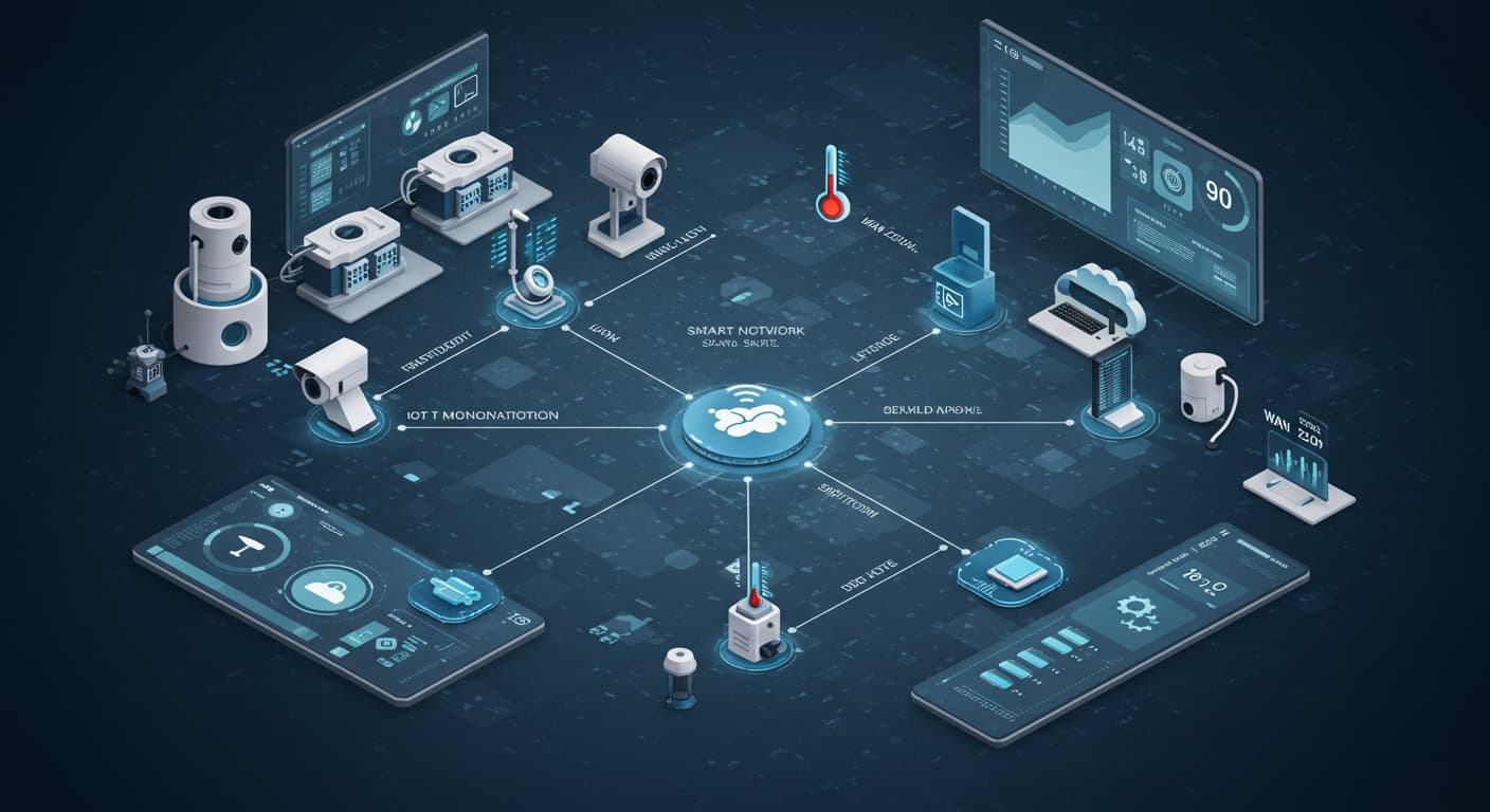 Ilustración isométrica que representa el futuro de la automatización y la inteligencia artificial en monitoreo LAN y WAN.