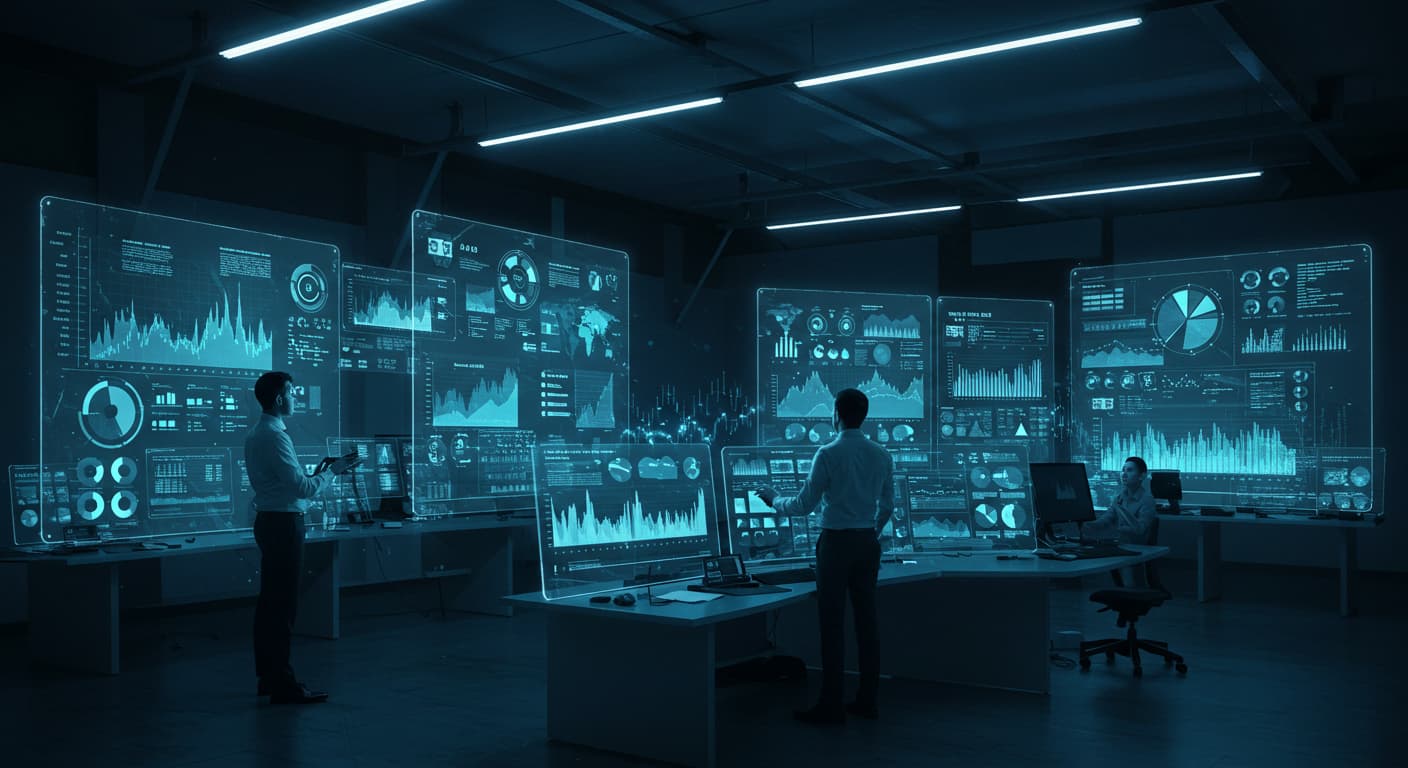 Dos personas en una oficina frente a una pantalla de computadora que muestra información sobre monitoreo LAN y WAN.