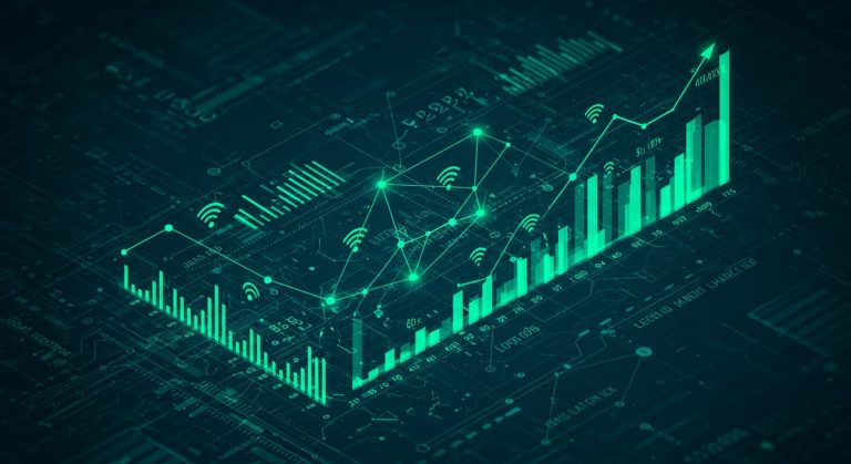 Gráfico verde y gráfico empresarial sobre fondo oscuro, relacionado con el monitoreo LAN&WAN.