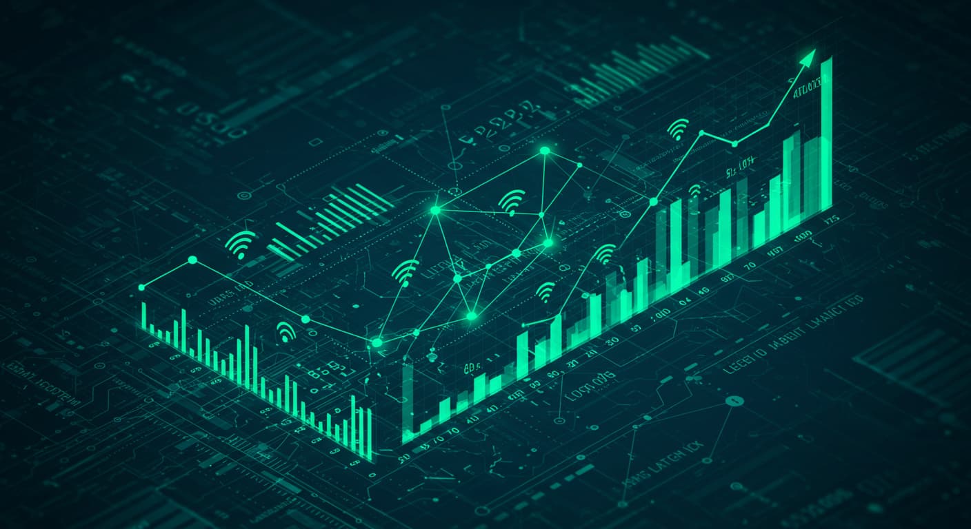 Gráfico verde y gráfico empresarial sobre fondo oscuro, relacionado con el monitoreo LAN&WAN.