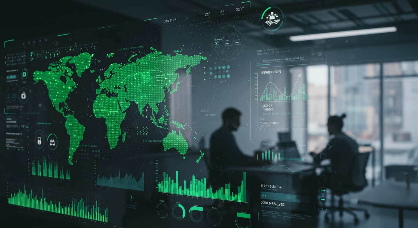Personas de negocios trabajando en una oficina, con un mapa mundial verde en la pantalla sobre monitoreo LAN&WAN.
