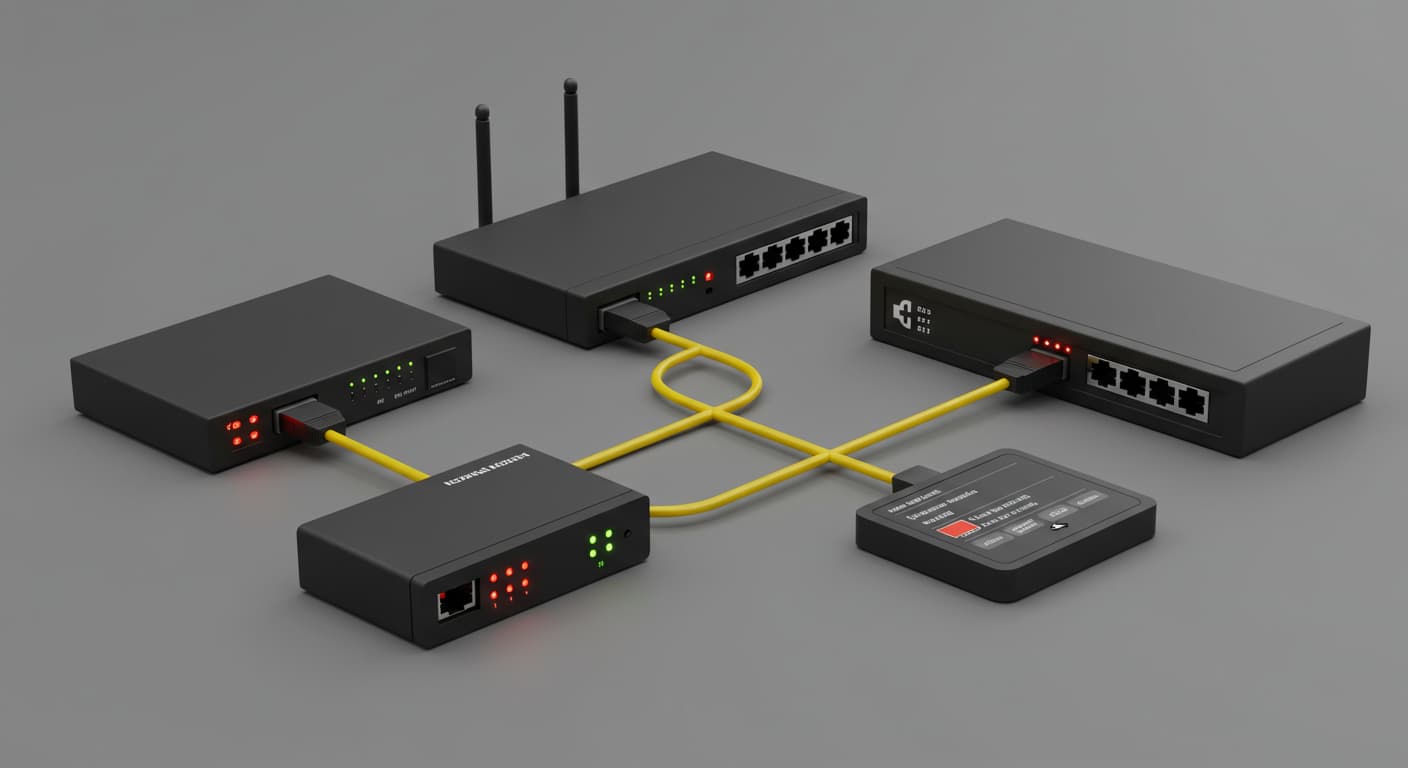 Un grupo de tres tipos diferentes de routers, utilizados para monitoreo LAN y WAN.