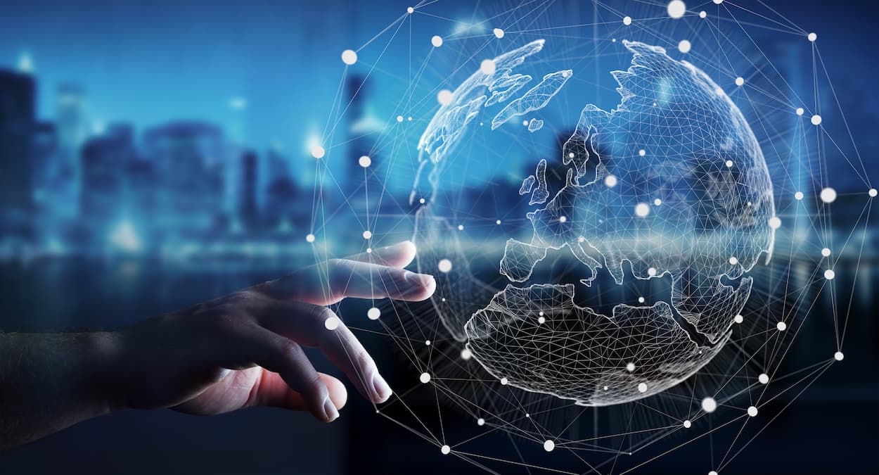 El futuro del internet de las cosas, con dispositivos conectados y tecnología de 'peering' interconectando redes.