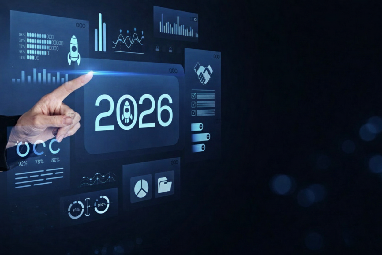 Un hombre de negocios señala la palabra 2026 en una pantalla, en un contexto relacionado con Internet.