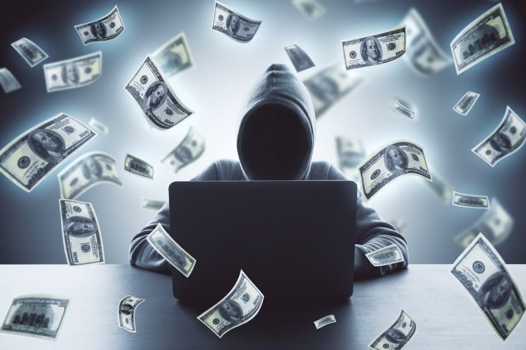 A man in a hoodie sits at a laptop, surrounded by flying money, symbolizing phishing and online scams.