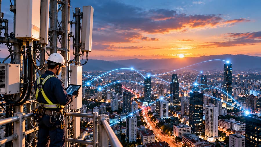 Gráfico que ilustra la conectividad empresarial futura con 5G y el Internet de las Cosas, destacando su impacto en la tecnología.