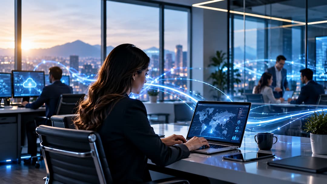 Mujer trabajando en una laptop en una oficina, simbolizando la conectividad empresarial y la productividad.