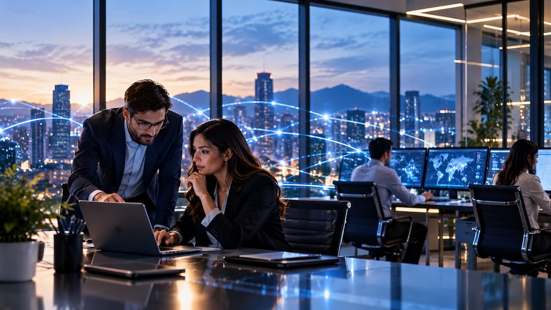Personas de negocios colaborando en una oficina con luces de la ciudad de fondo, simbolizando la conectividad empresarial.