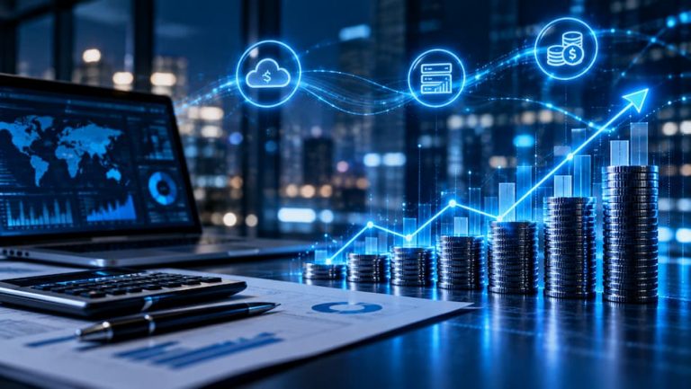 Concepto de finanzas empresariales con monedas y una laptop sobre un escritorio y IA infraestructura