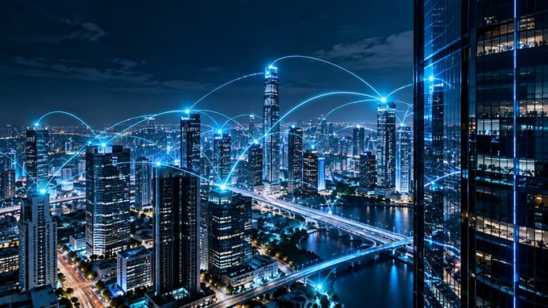 Vista nocturna de la ciudad iluminada, destacando múltiples redes conectadas en un entorno urbano con IA infraestructura