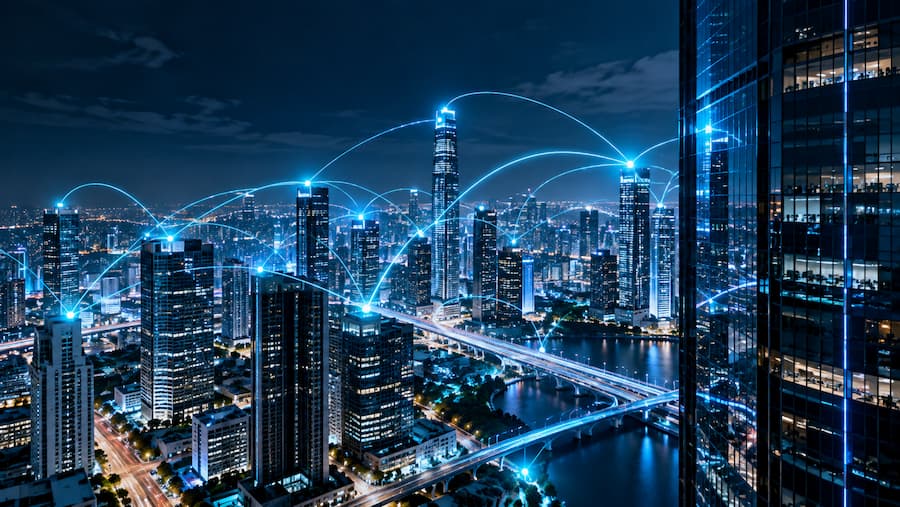 Vista nocturna de la ciudad iluminada, destacando múltiples redes conectadas en un entorno urbano con IA infraestructura