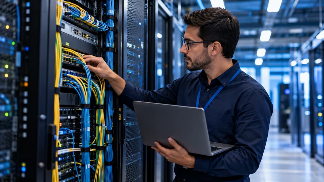 Hombre en una sala de servidores sosteniendo una laptop, simbolizando la conectividad empresarial y la tecnología.