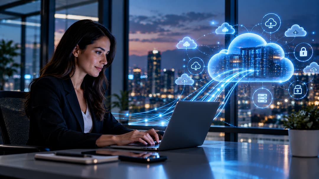 Mujer trabajando en su laptop frente a un ícono de computación en la nube, simbolizando la conectividad empresarial.