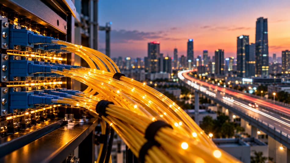Un cable de red conectado a un horizonte urbano, simbolizando la interconexión entre tecnología y ciudades con IA infraestructura