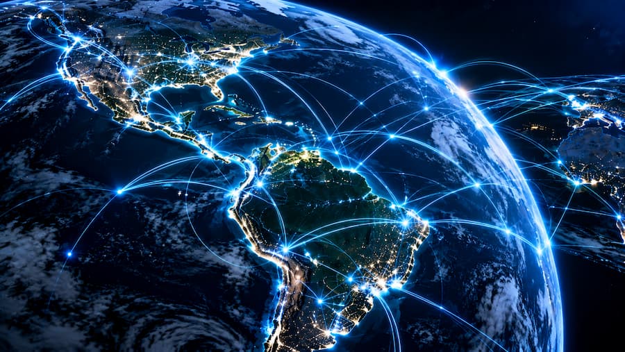 Imagen de la Tierra con líneas de red y luces, simbolizando la IA infraestructura a nivel global.
