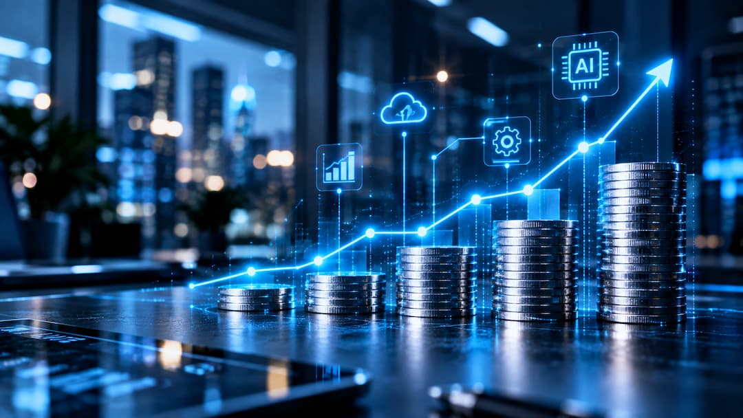 Imagen que representa la intersección entre finanzas y tecnología en el futuro de IA infraestructura, con elementos digitales y gráficos innovadores.
