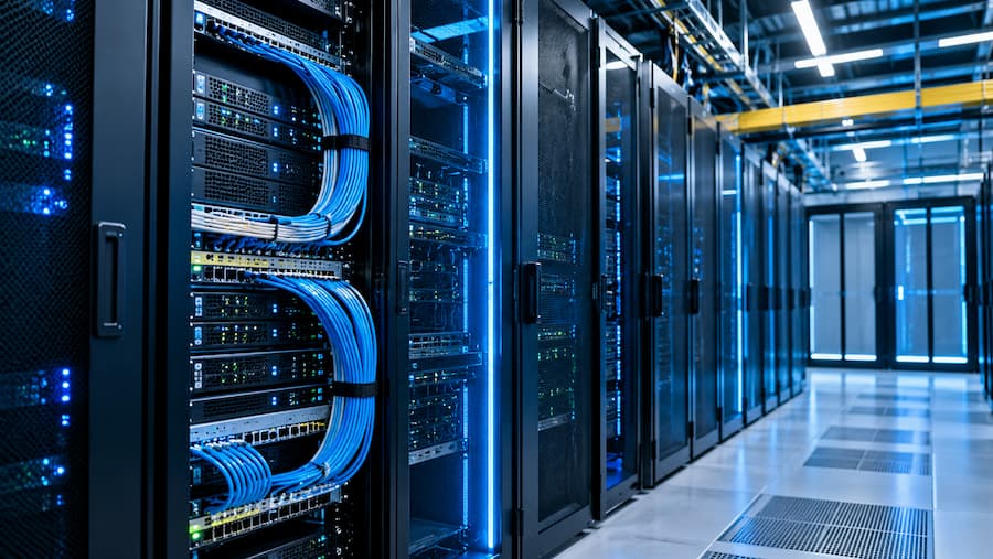 Fila de servidores en un centro de datos, mostrando la tecnología de la IA infraestructura