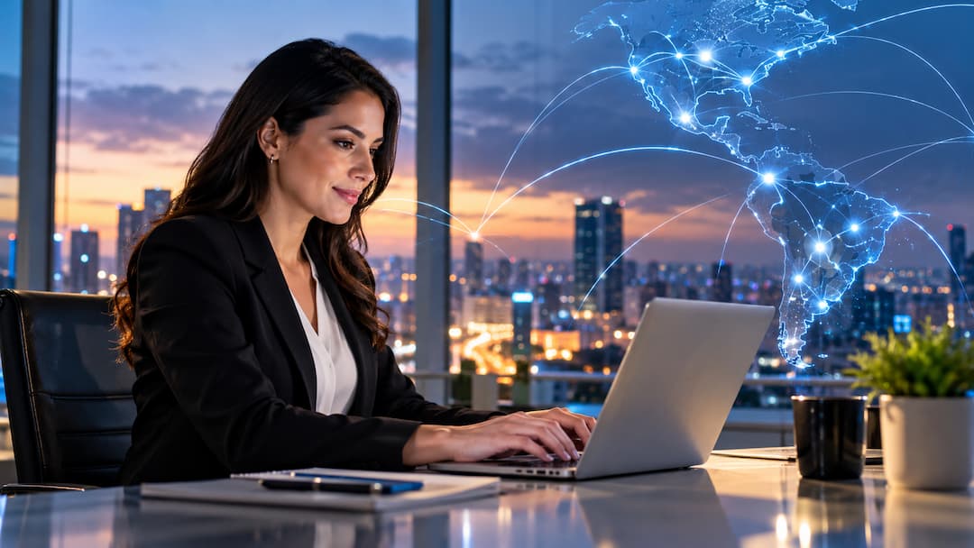 Mujer en traje de negocios trabajando en su laptop, simbolizando la conectividad empresarial y la productividad.