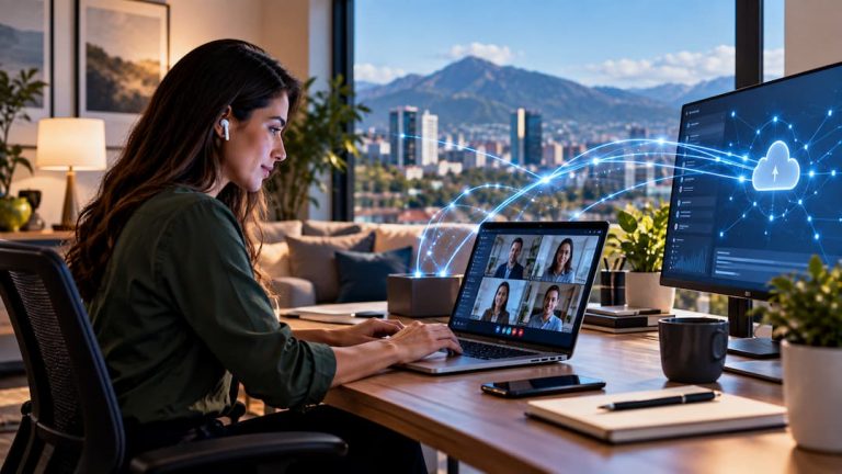 Mujer trabajando en un portátil frente a una pantalla de computadora con un ícono de nube, simbolizando conectividad empresarial.