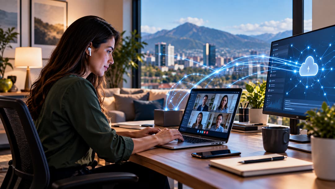Mujer trabajando en un portátil frente a una pantalla de computadora con un ícono de nube, simbolizando conectividad empresarial.