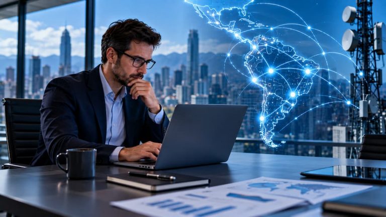 Empresario trabajando en laptop en oficina, con un paisaje urbano de fondo con conectividad empresarial.