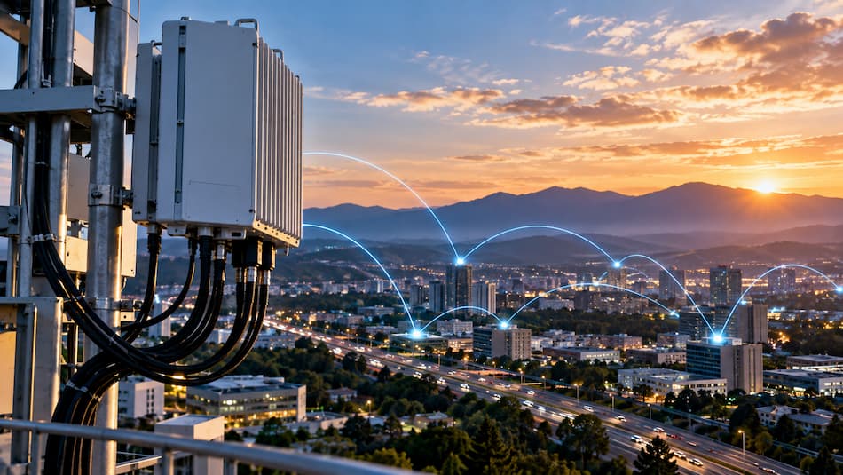 Imagen que representa la IA infraestructura de redes inalámbricas del futuro, con torres y dispositivos conectados.