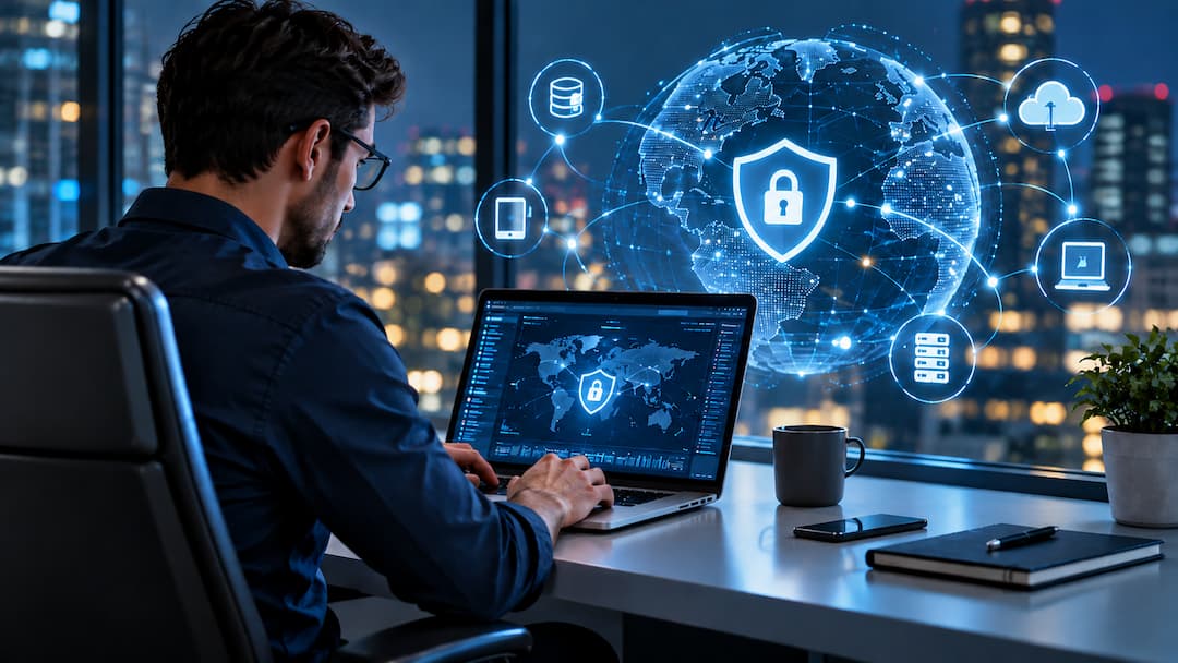 Hombre trabajando en laptop con íconos de seguridad en la pantalla, representando la conectividad empresarial.