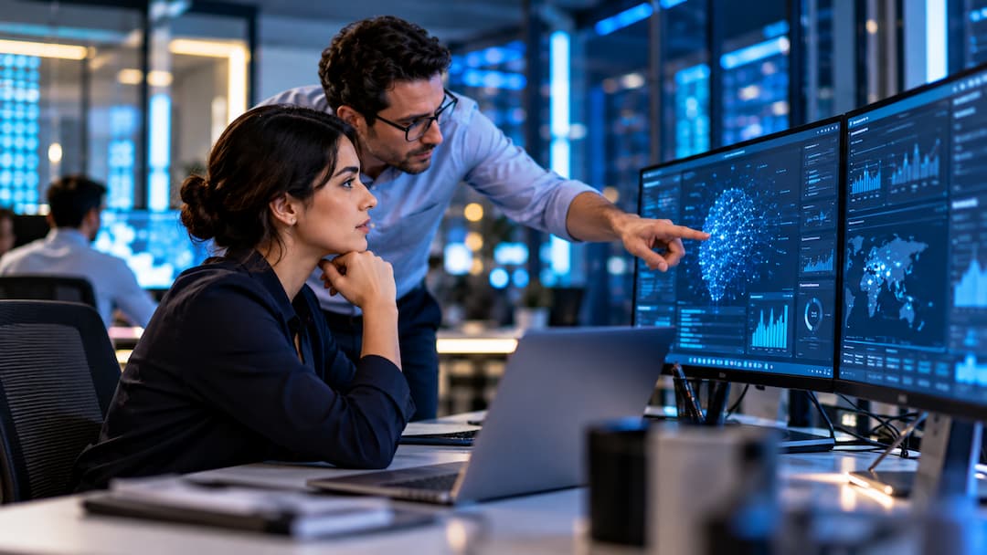Dos personas colaboran frente a una pantalla de computadora que muestra un gráfico de datos de IA infraestructura