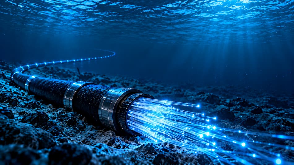 Cable de fibra óptica sumergido en el agua, destacando su importancia en la infraestructura de telecomunicaciones y IA infraestructura.