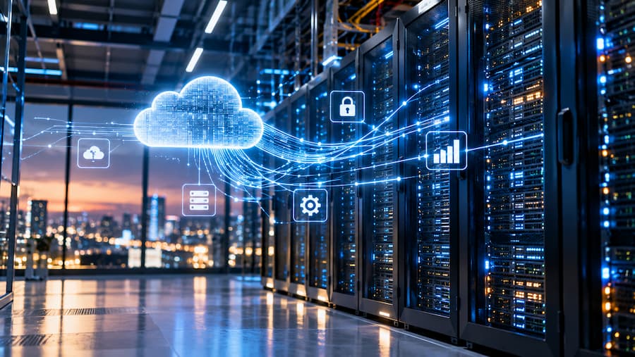 IA infraestructura en centros de datos, representando la computación en la nube y su interconexión.