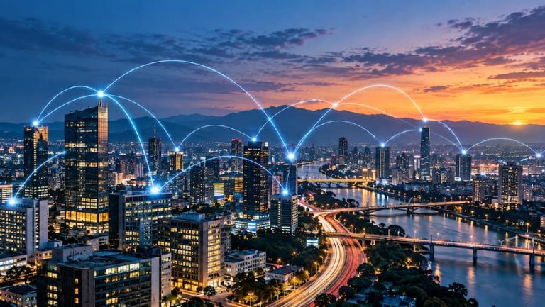 Vista del horizonte urbano iluminado, simbolizando la conectividad empresarial en un entorno dinámico y moderno.