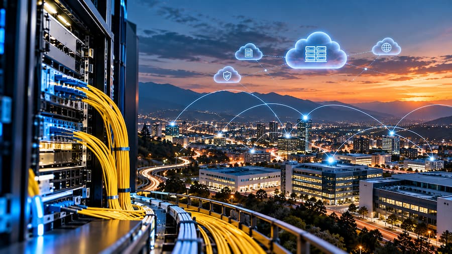 Centro de datos futurista con tecnología avanzada y conexiones de red, simbolizando la conectividad empresarial moderna.
