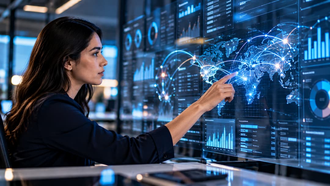 Mujer señalando una pantalla que muestra datos sobre IA infraestructura