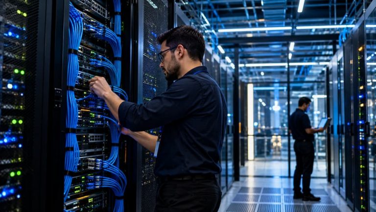 Hombre en una sala de servidores, trabajando en una computadora, simbolizando la conectividad empresarial.