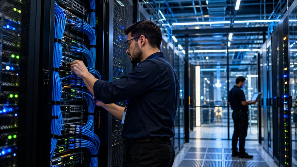 Hombre en una sala de servidores, trabajando en una computadora, simbolizando la conectividad empresarial.