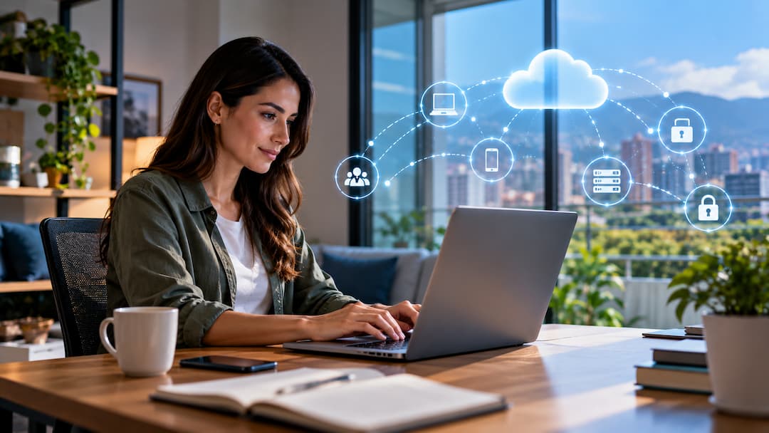 Mujer trabajando en un portátil con íconos de nube, simbolizando la conectividad empresarial y el trabajo en la nube.